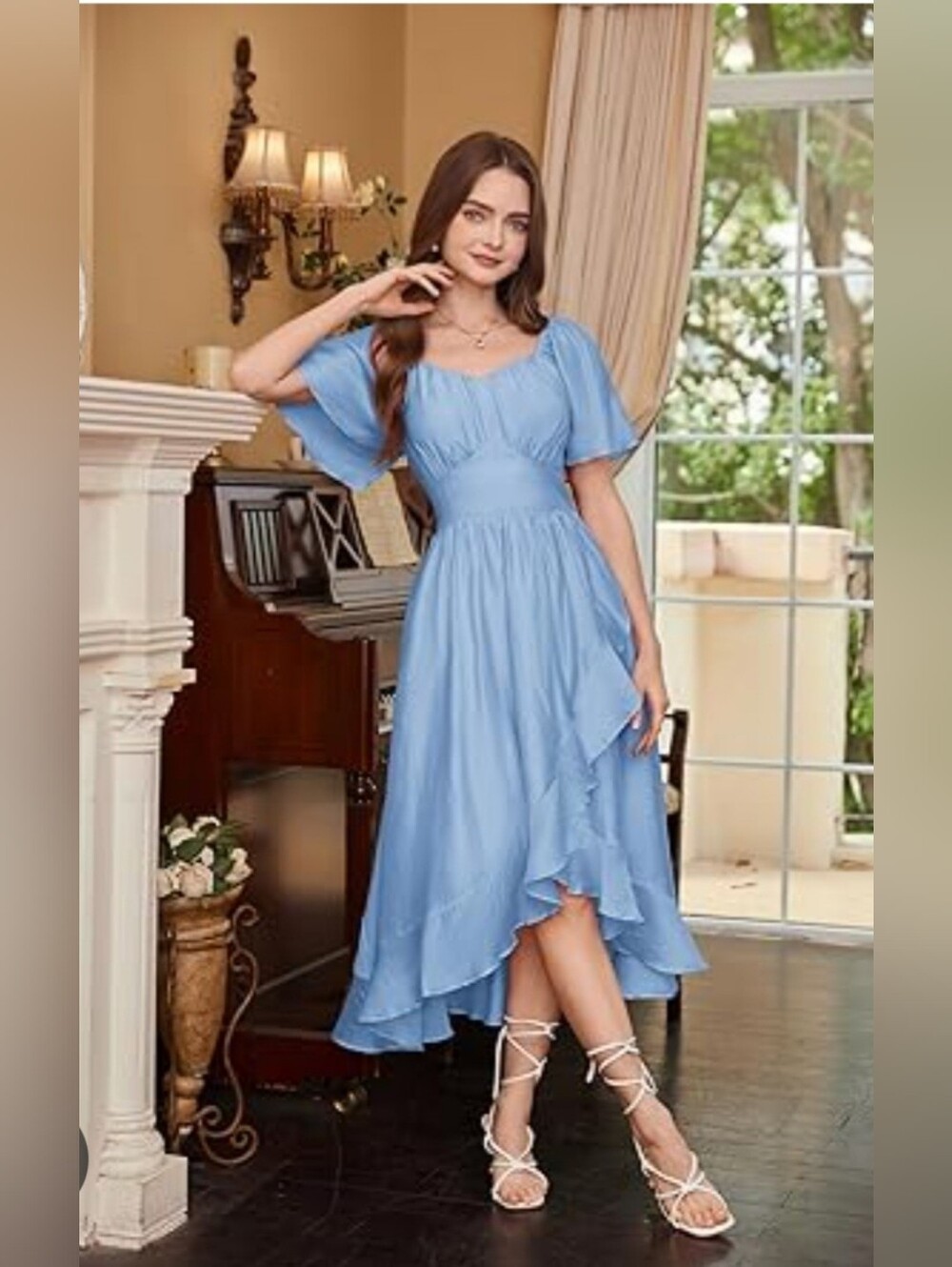 Women's Light Blue High-Low Ruffle Midi Dress with Flutter Sleeves